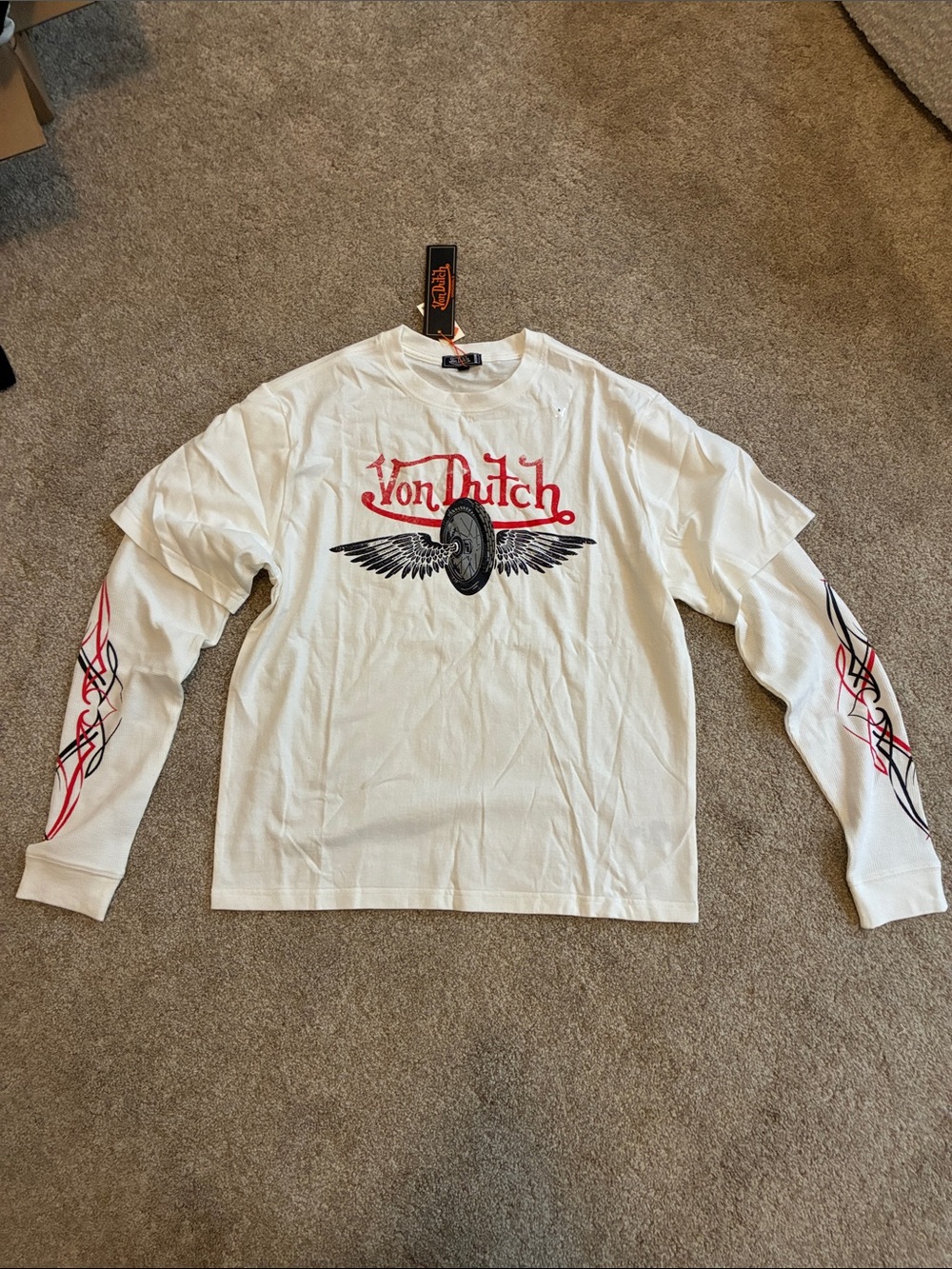 Von Dutch Off White 2fer Sleeve Tee with waffle knit sleeves